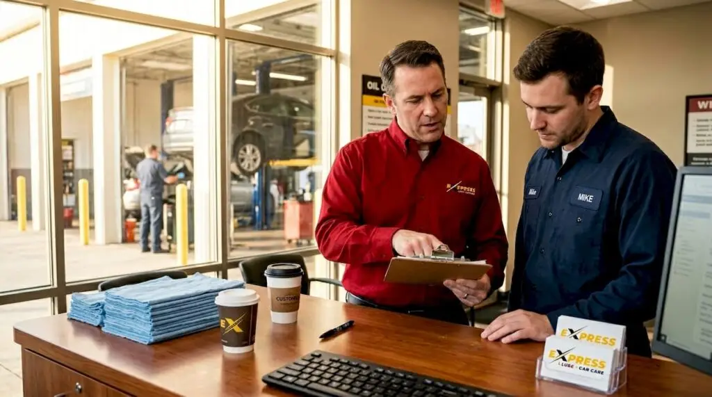 Service manager in busy dealership lobby