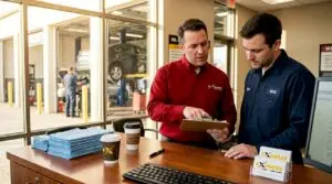 Service manager in busy dealership lobby