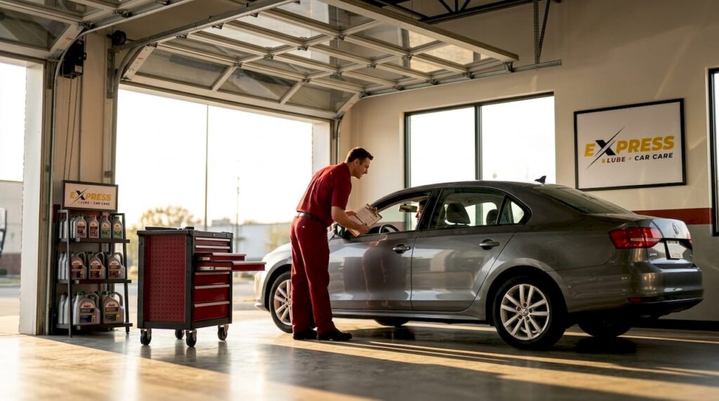 Car arrives at quick lube service bay