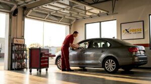 Car arrives at quick lube service bay