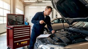 Mechanic checking oil dipstick in auto shop
