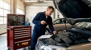 Mechanic checking oil dipstick in auto shop