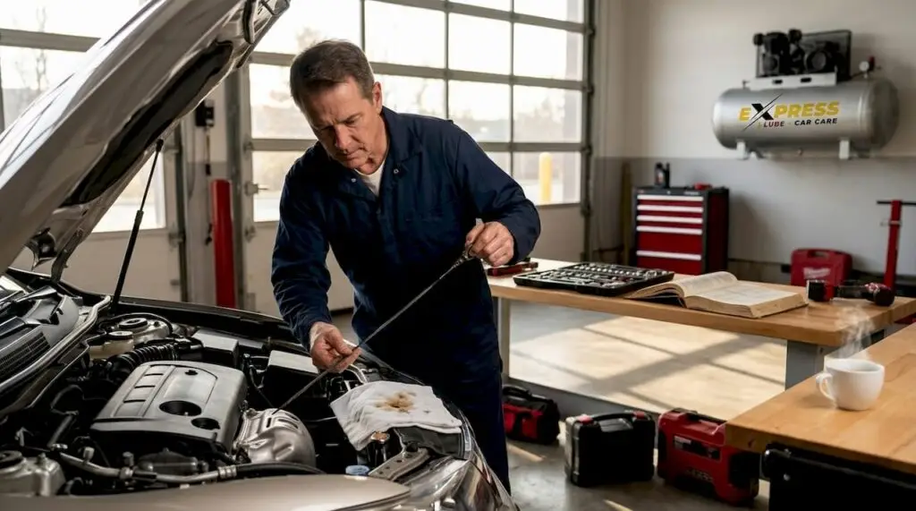 Mechanic checking engine oil in suburban garage