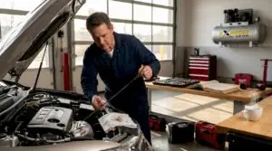 Mechanic checking engine oil in suburban garage