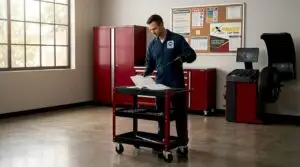 Certified technician performing oil change in service bay