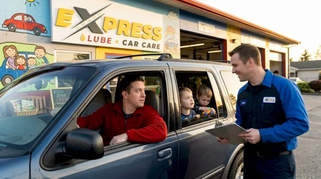 Parent with children inside car at oil change bay