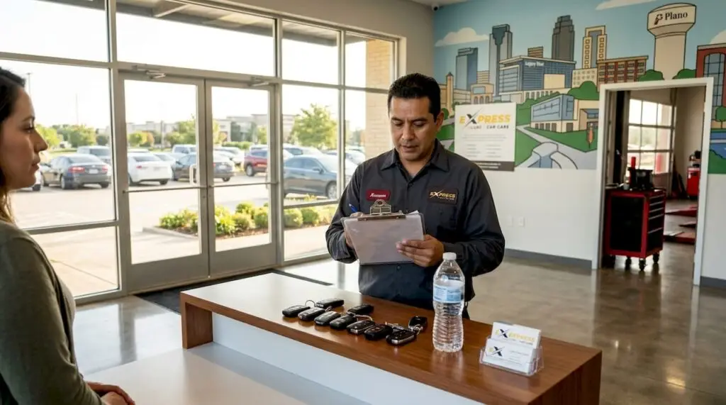 Mechanic reviewing clipboard in Plano auto shop
