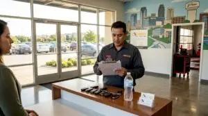 Mechanic reviewing clipboard in Plano auto shop