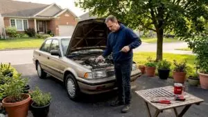 Man checking oil in garage beside sedan