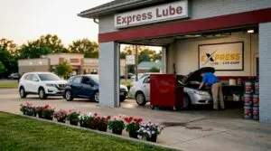 Express lube shop exterior with cars and technician