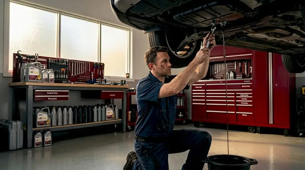 Mechanic begins oil change in clean garage