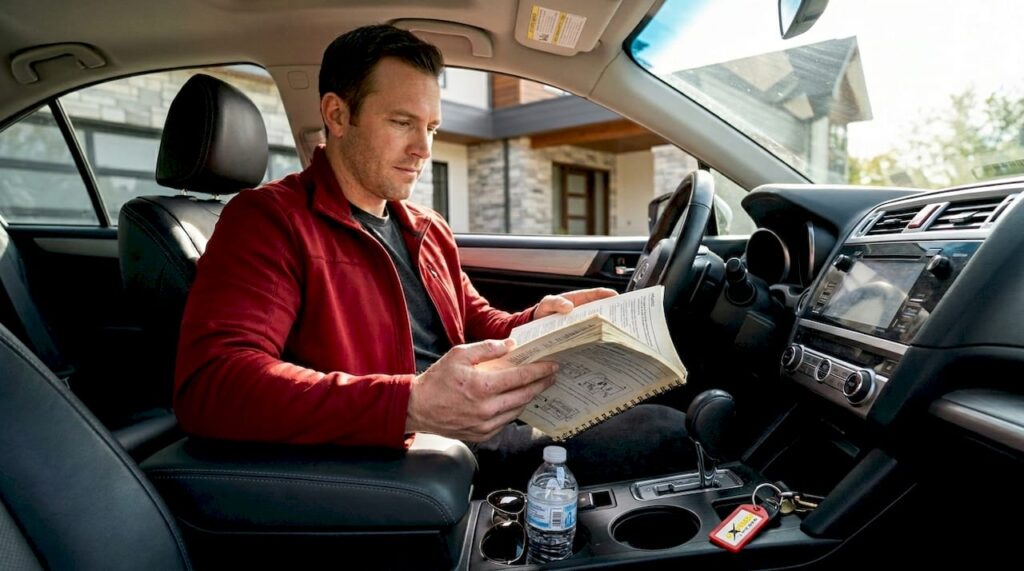 Driver reviews owner's manual in car front seat