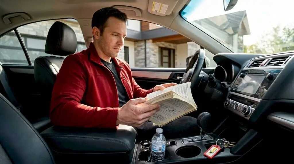 Driver reviews owner's manual in car front seat