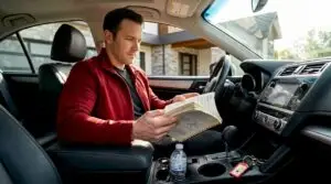 Driver reviews owner's manual in car front seat