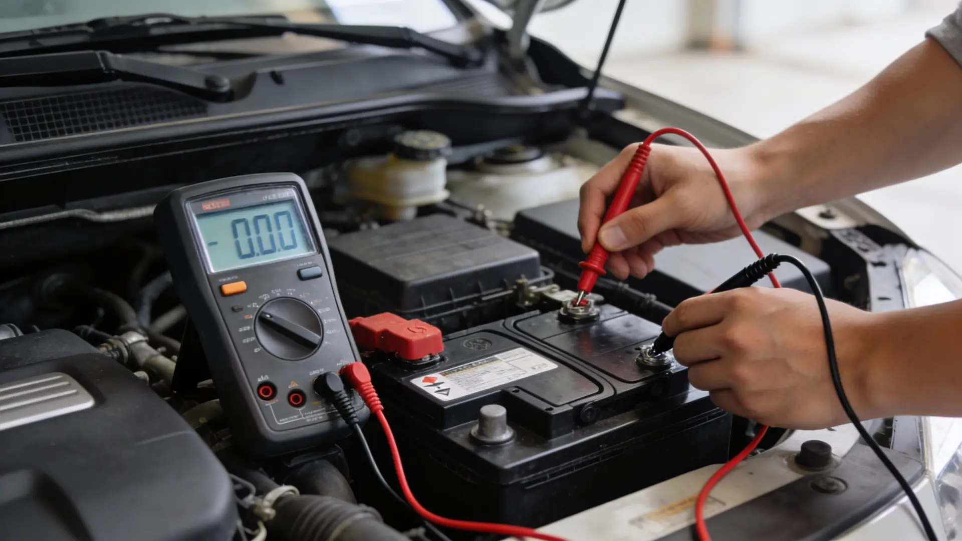 A mechanic measuring car battery voltage using a multimeter to check the alternator charging voltage performance.