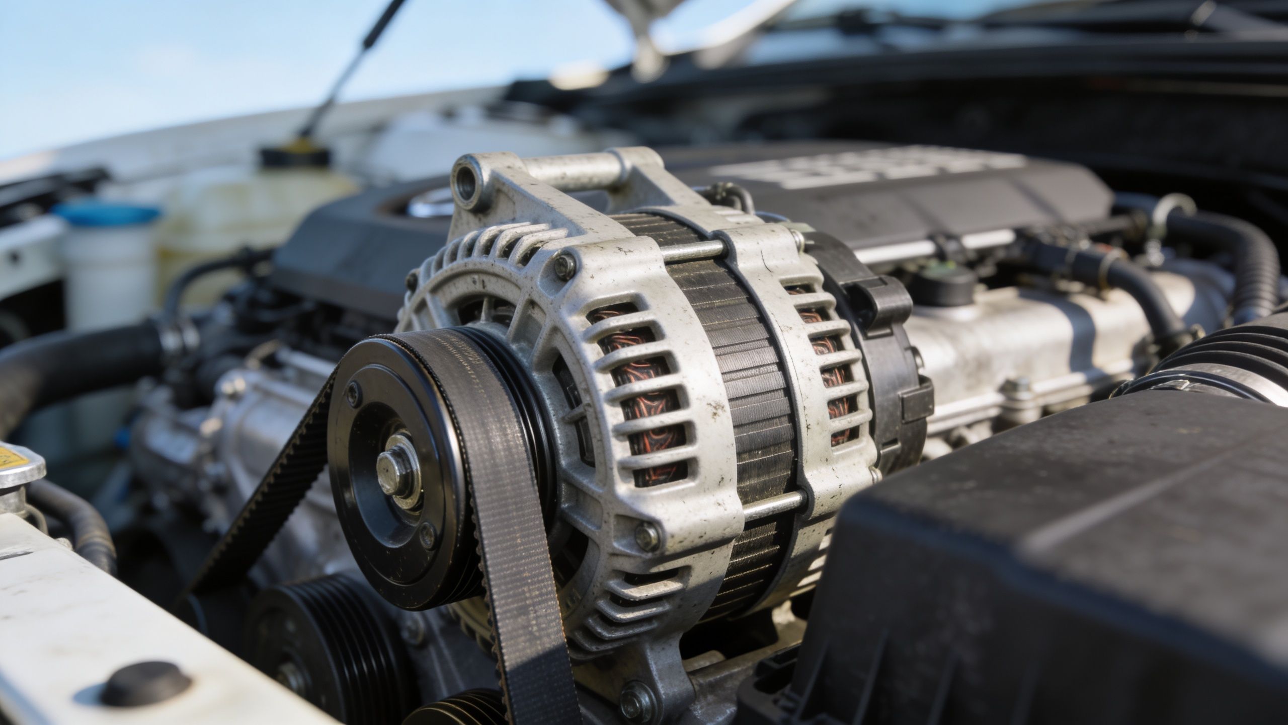 A close-up view of a car engine alternator with a serpentine belt attached in the engine bay.