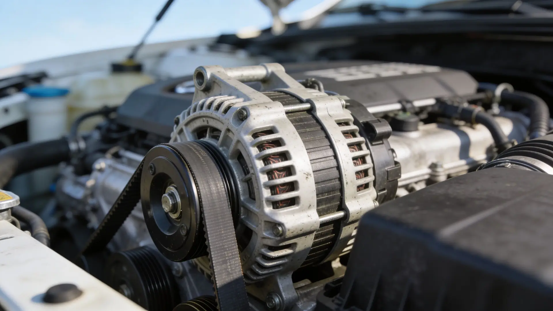 A close-up view of a car engine alternator with a serpentine belt attached in the engine bay.