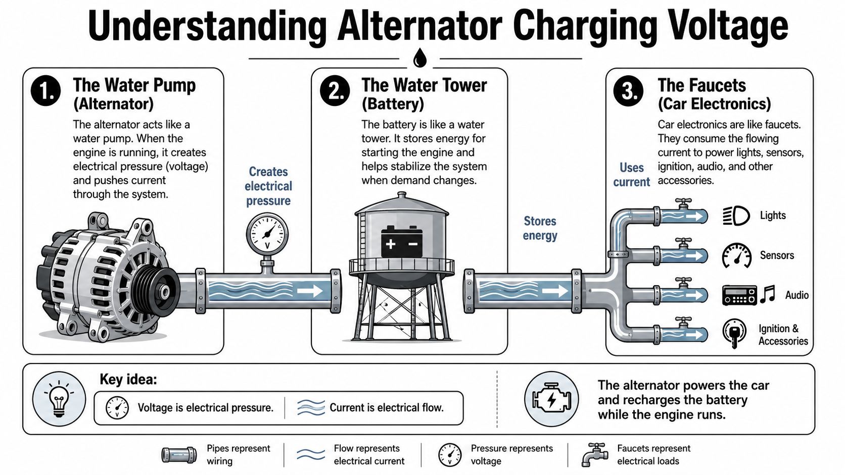 A diagram explaining car charging systems by comparing the alternator, battery, and electronics to water infrastructure.