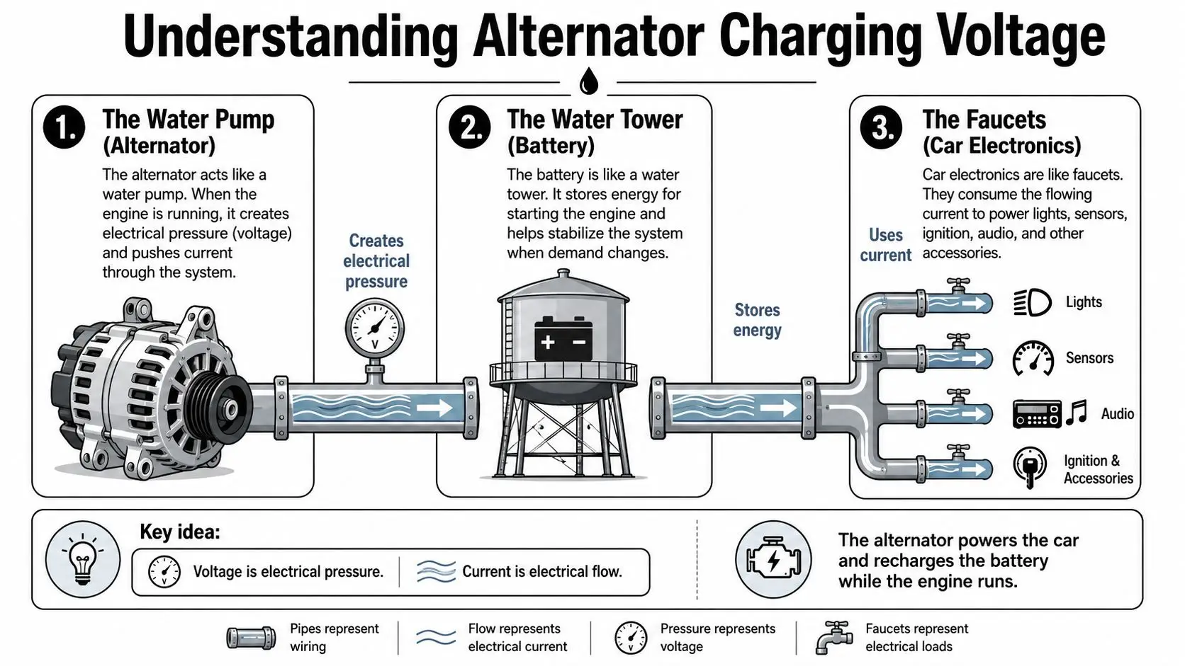 A diagram explaining car charging systems by comparing the alternator, battery, and electronics to water infrastructure.