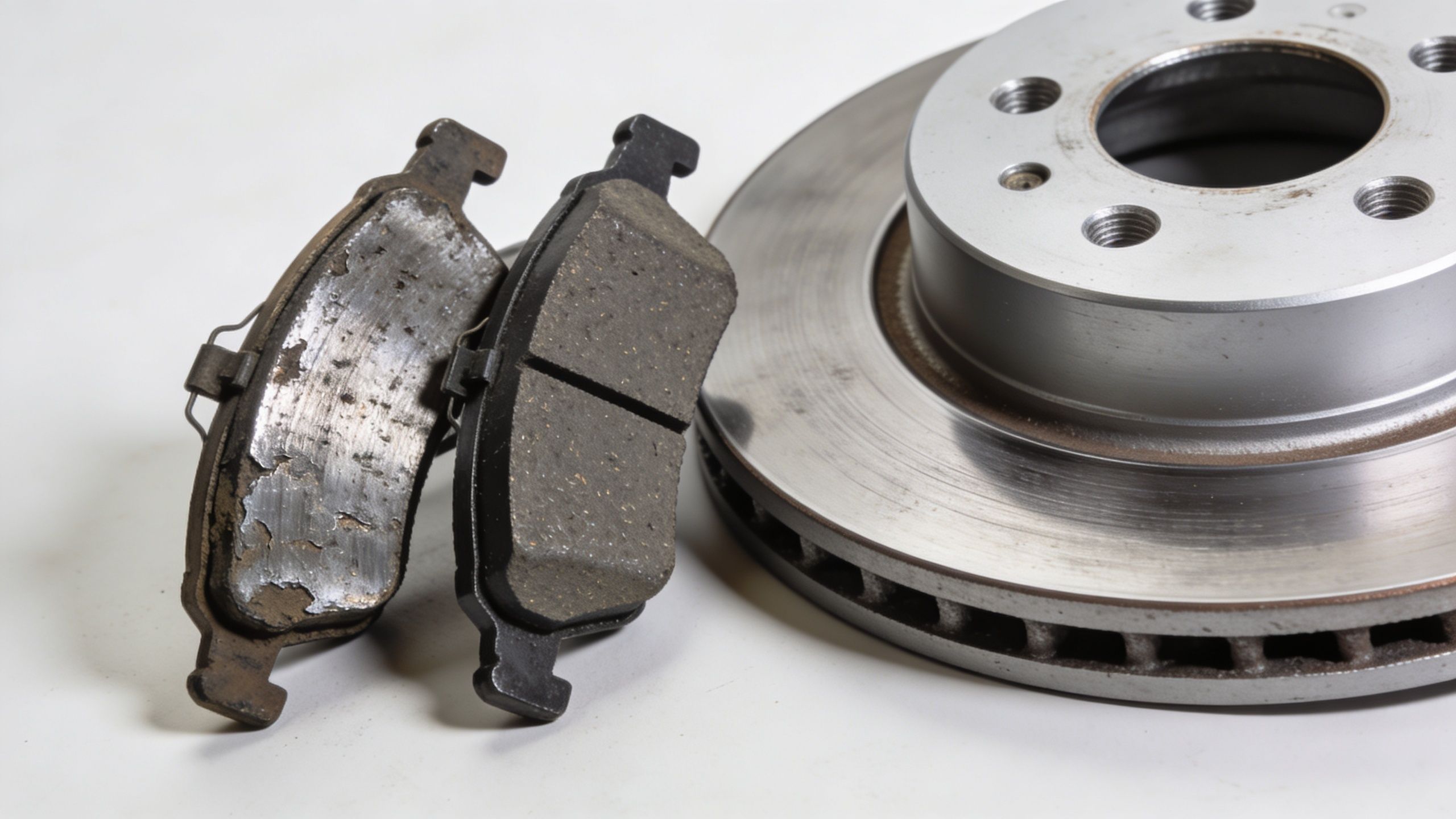 A pair of old, worn brake pads next to a brand new car brake disc rotor.