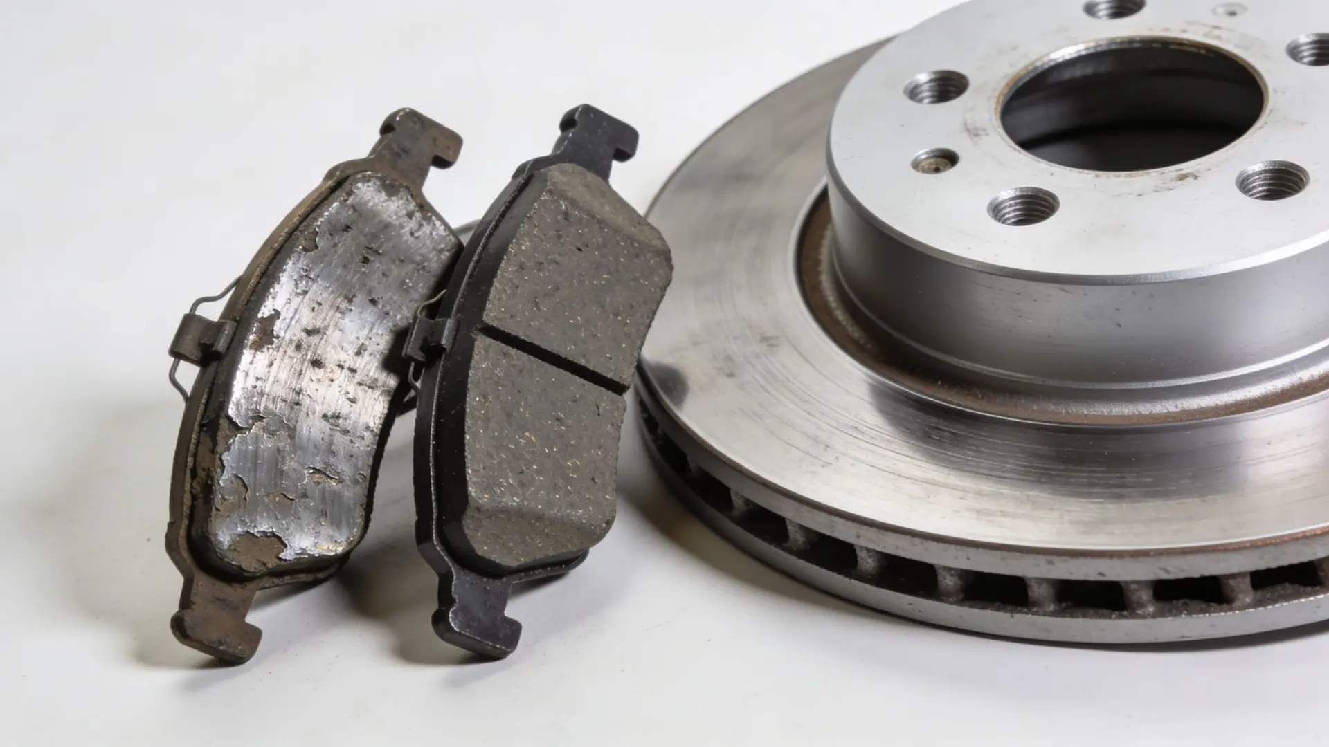 A pair of old, worn brake pads next to a brand new car brake disc rotor.