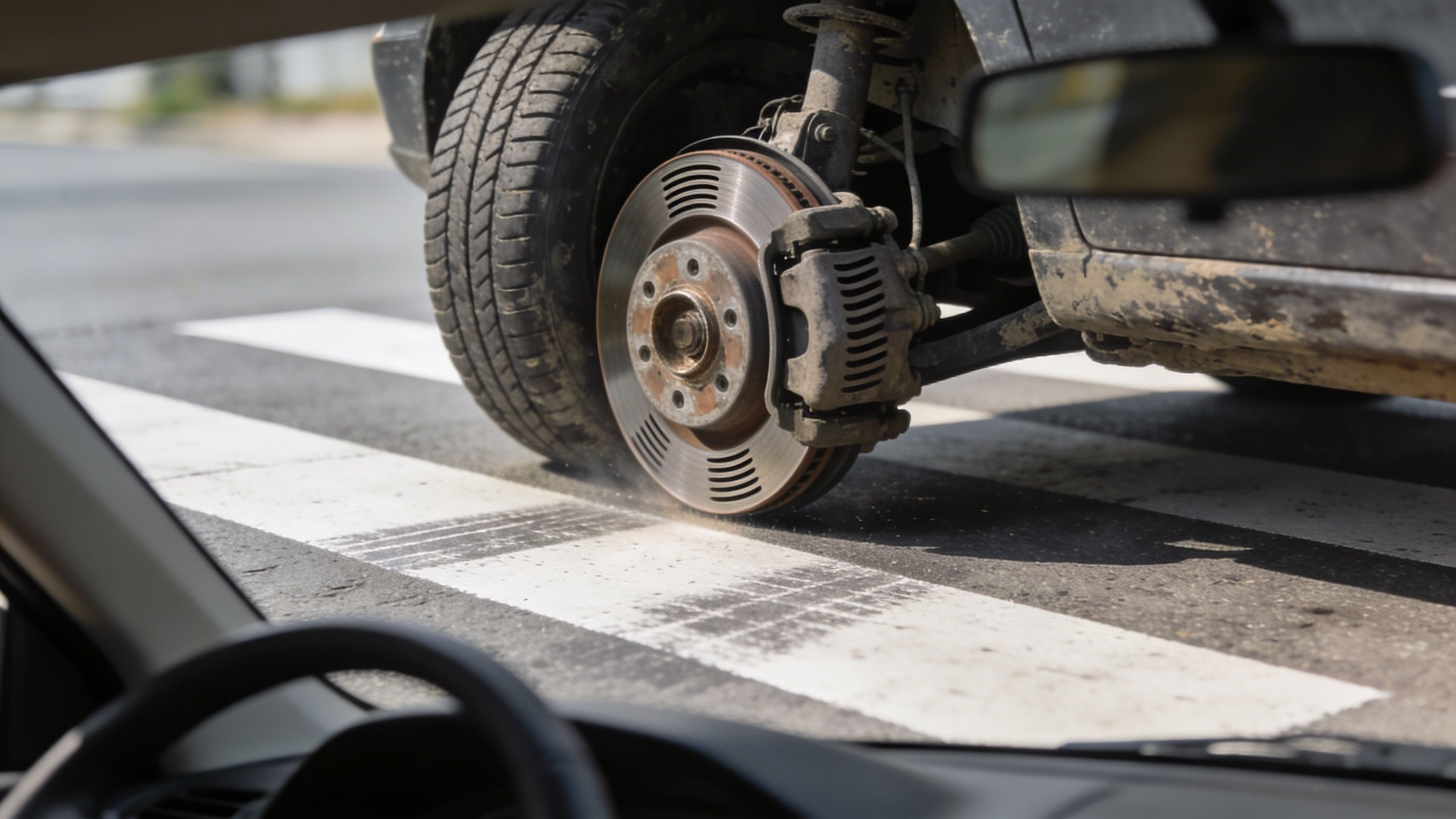 A close-up view of a car missing its wheel, resting on the disc brake on a pedestrian crossing.