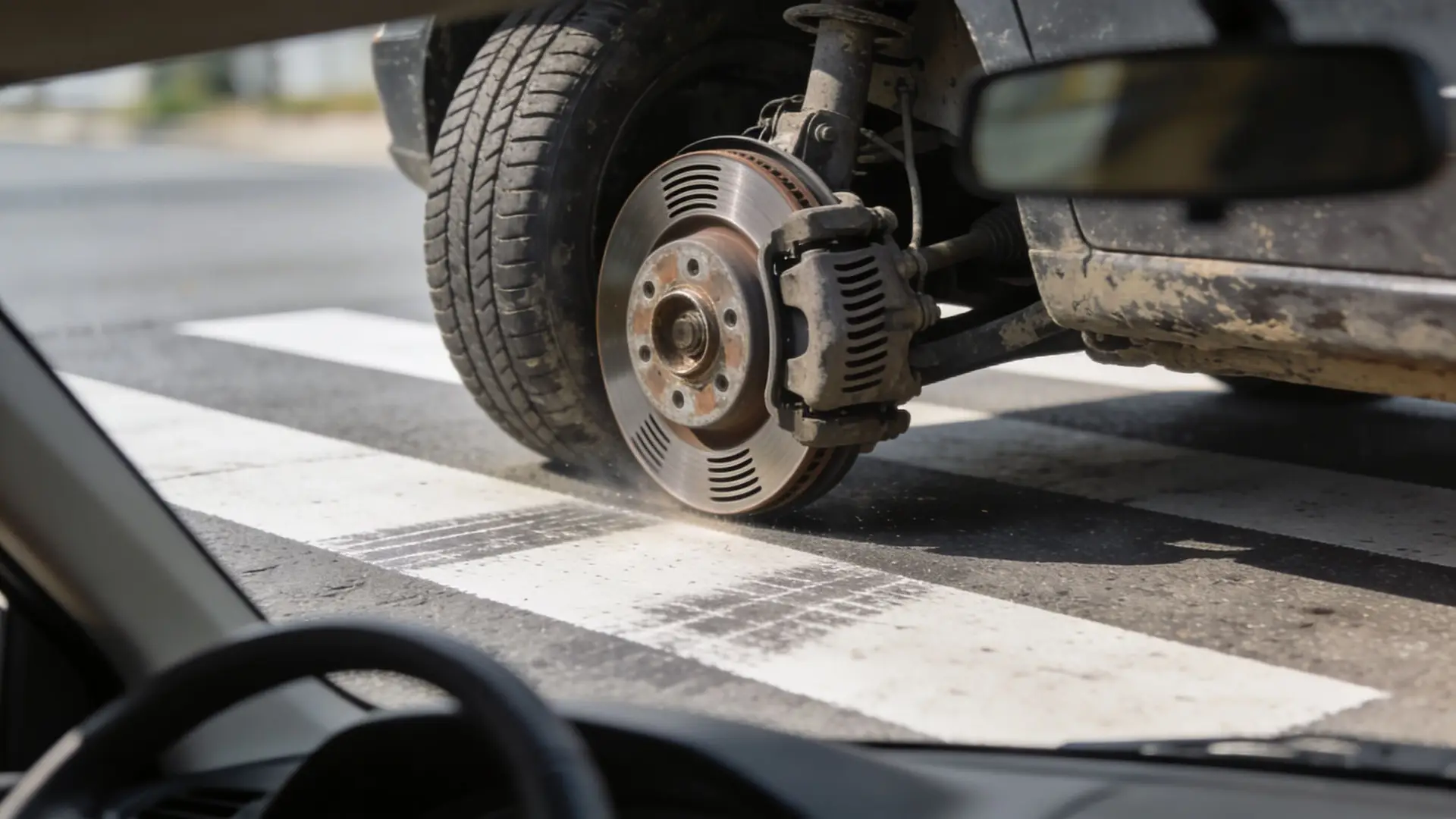 A close-up view of a car missing its wheel, resting on the disc brake on a pedestrian crossing.