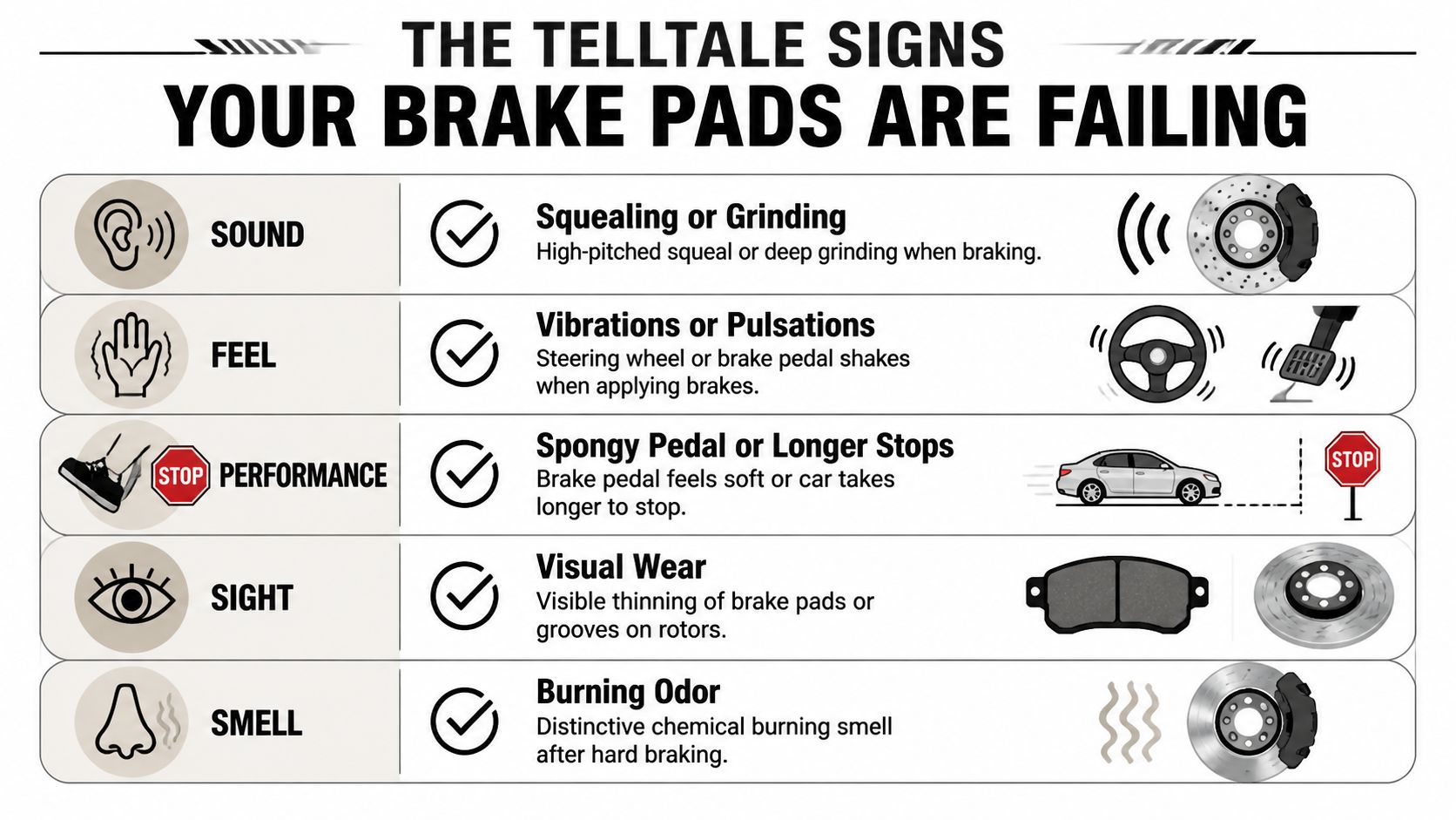 An infographic showing five telltale signs that vehicle brake pads are failing, including sound, feel, performance, sight, and smell.
