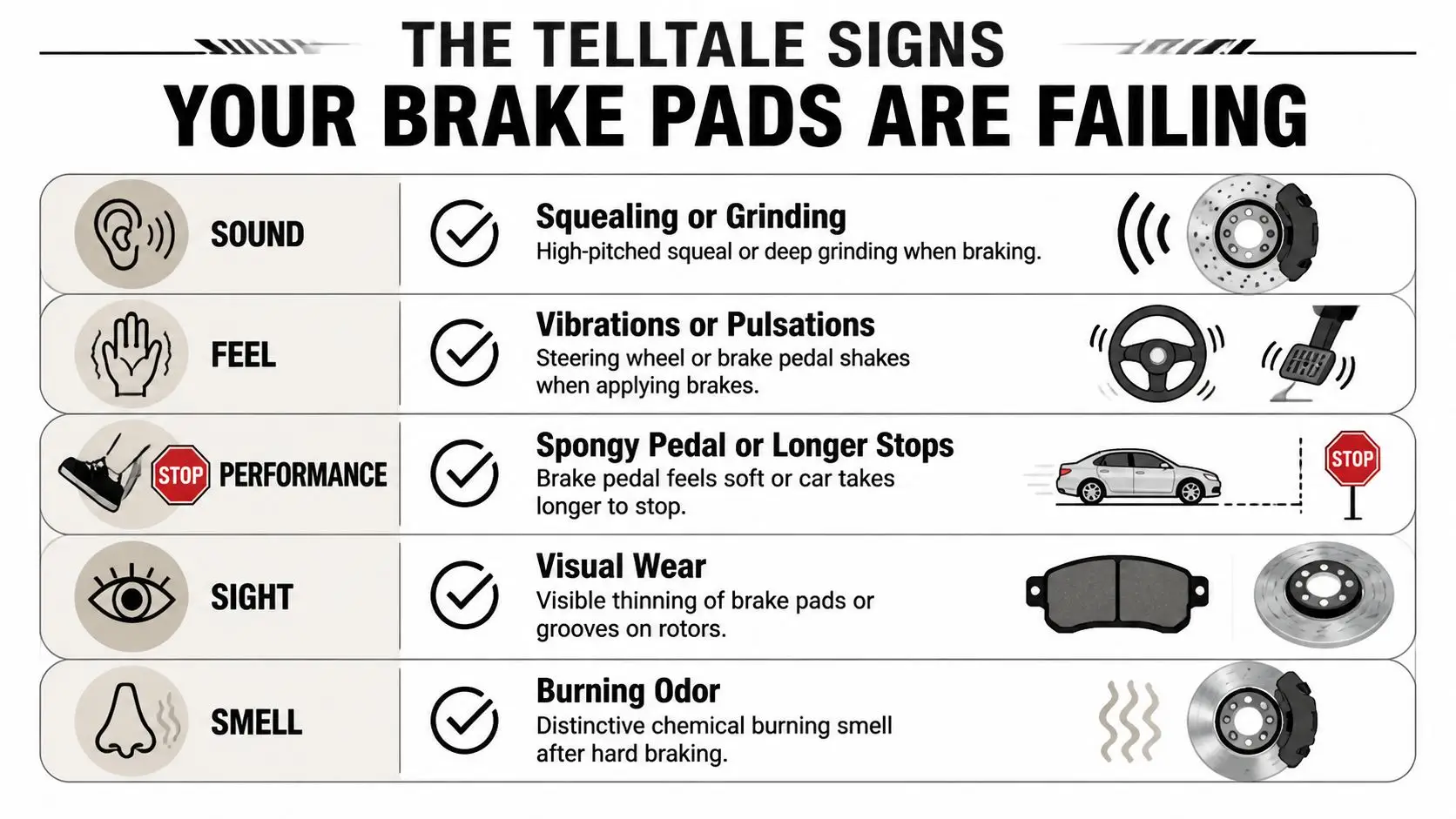 An infographic showing five telltale signs that vehicle brake pads are failing, including sound, feel, performance, sight, and smell.