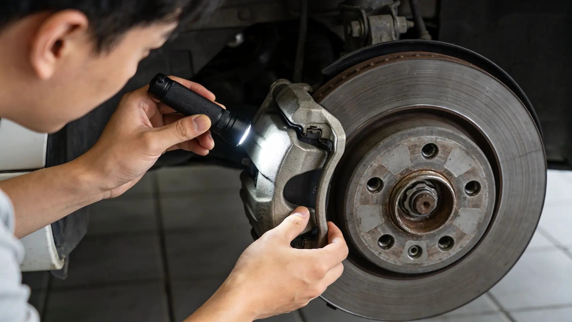 A professional mechanic inspecting a car's brake system using a flashlight to check for bad brake pads.