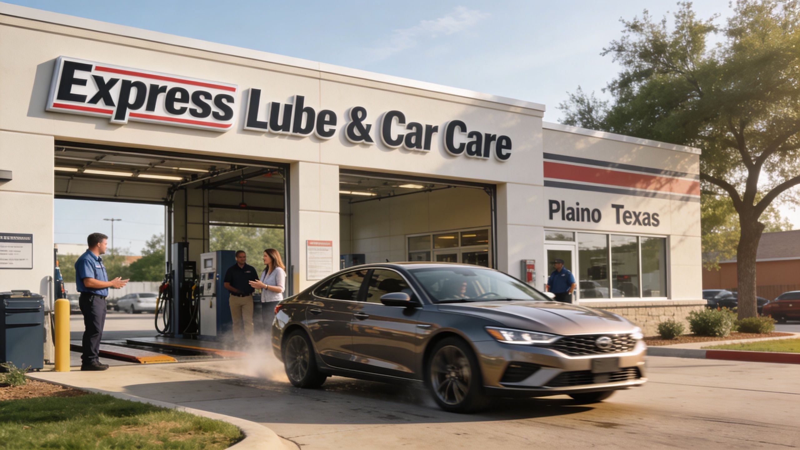 A service technician and customer talking outside an Express Lube and Car Care facility in Plano, Texas.