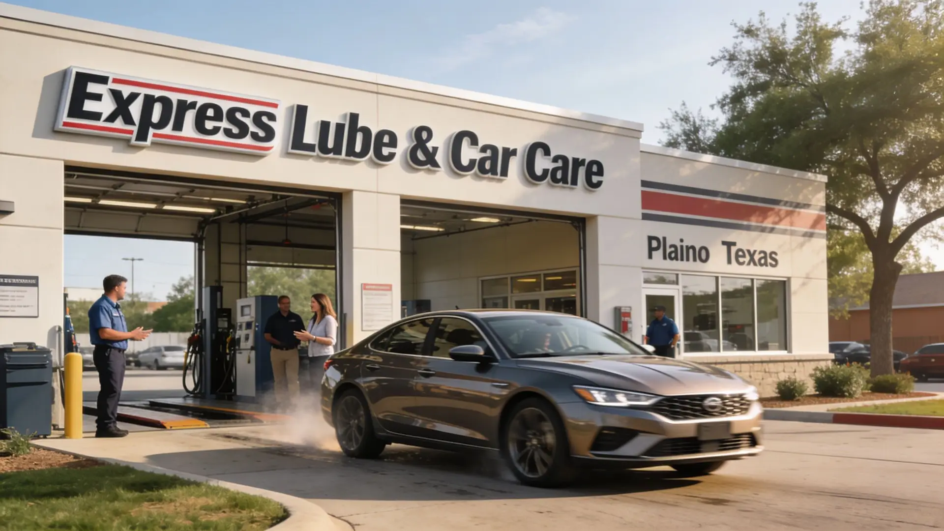 A service technician and customer talking outside an Express Lube and Car Care facility in Plano, Texas.