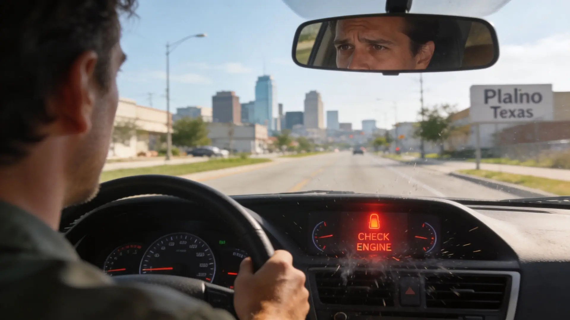 A man driving a car with a glowing check engine warning light displayed on the dashboard.