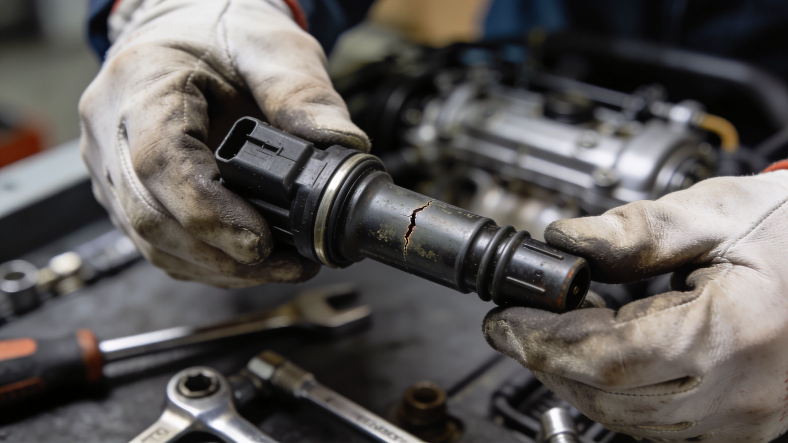 A mechanic wearing protective gloves holds a cracked ignition coil damaged from high heat and wear.