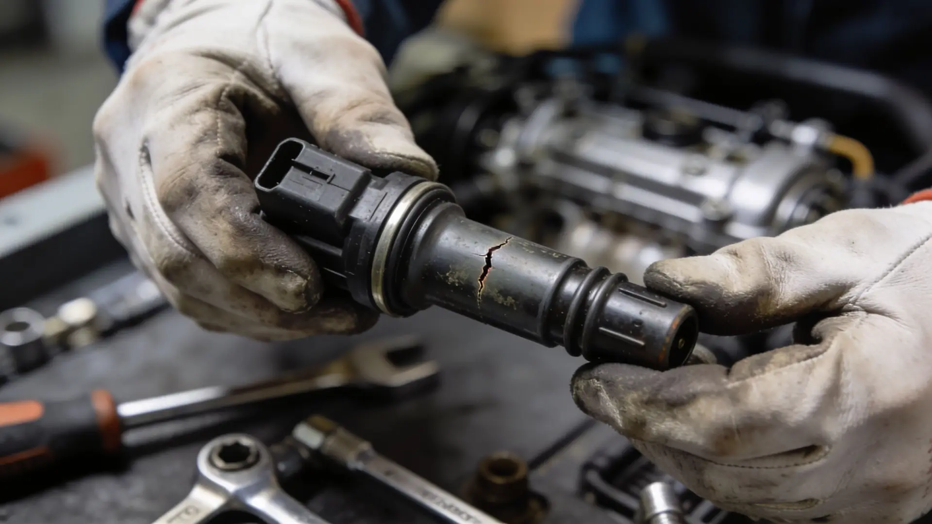 A mechanic wearing protective gloves holds a cracked ignition coil damaged from high heat and wear.