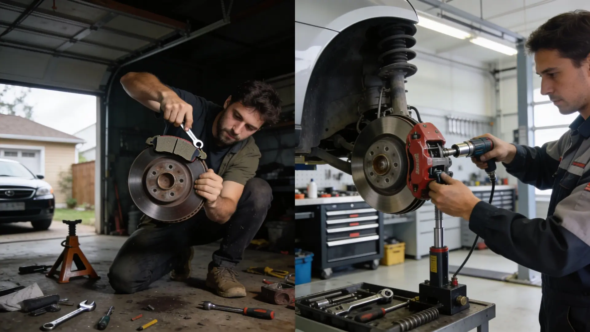 A split image showing a mechanic performing brake repairs at home and a professional shop environment.