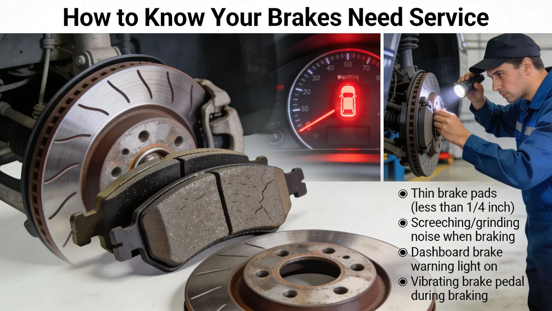 A graphic demonstrating signs that car brake pads and rotors need service or replacement by a mechanic.