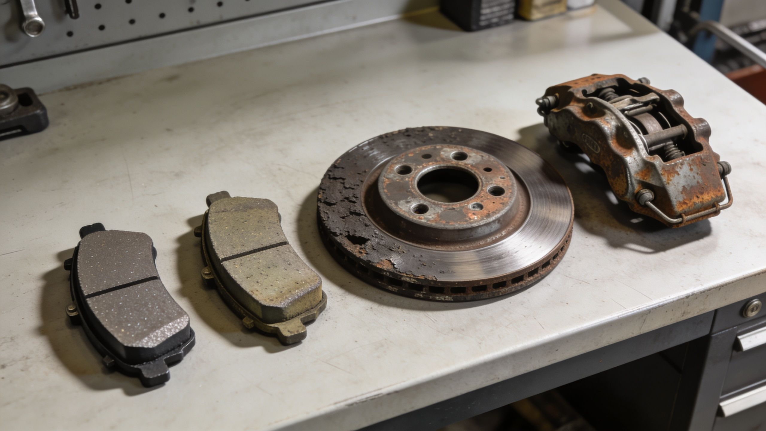 A new brake pad, an old used brake pad, a rusted brake rotor, and a brake caliper.