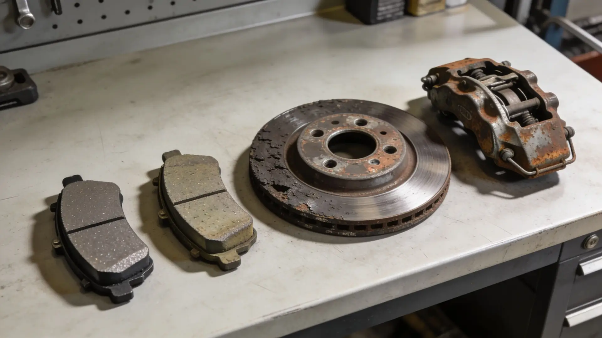A new brake pad, an old used brake pad, a rusted brake rotor, and a brake caliper.