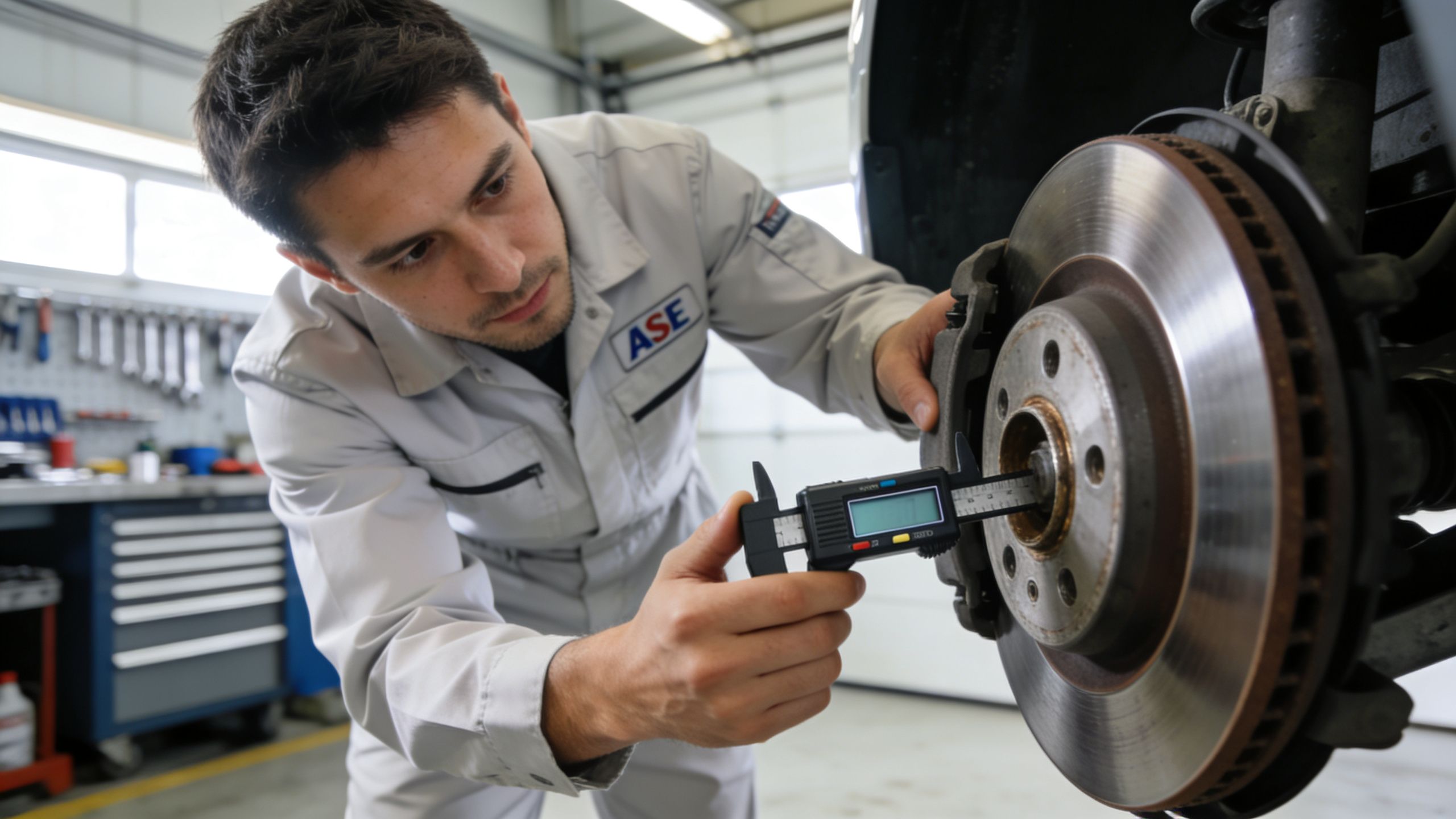 A professional mechanic in a white uniform using a digital caliper to measure a car brake disc.