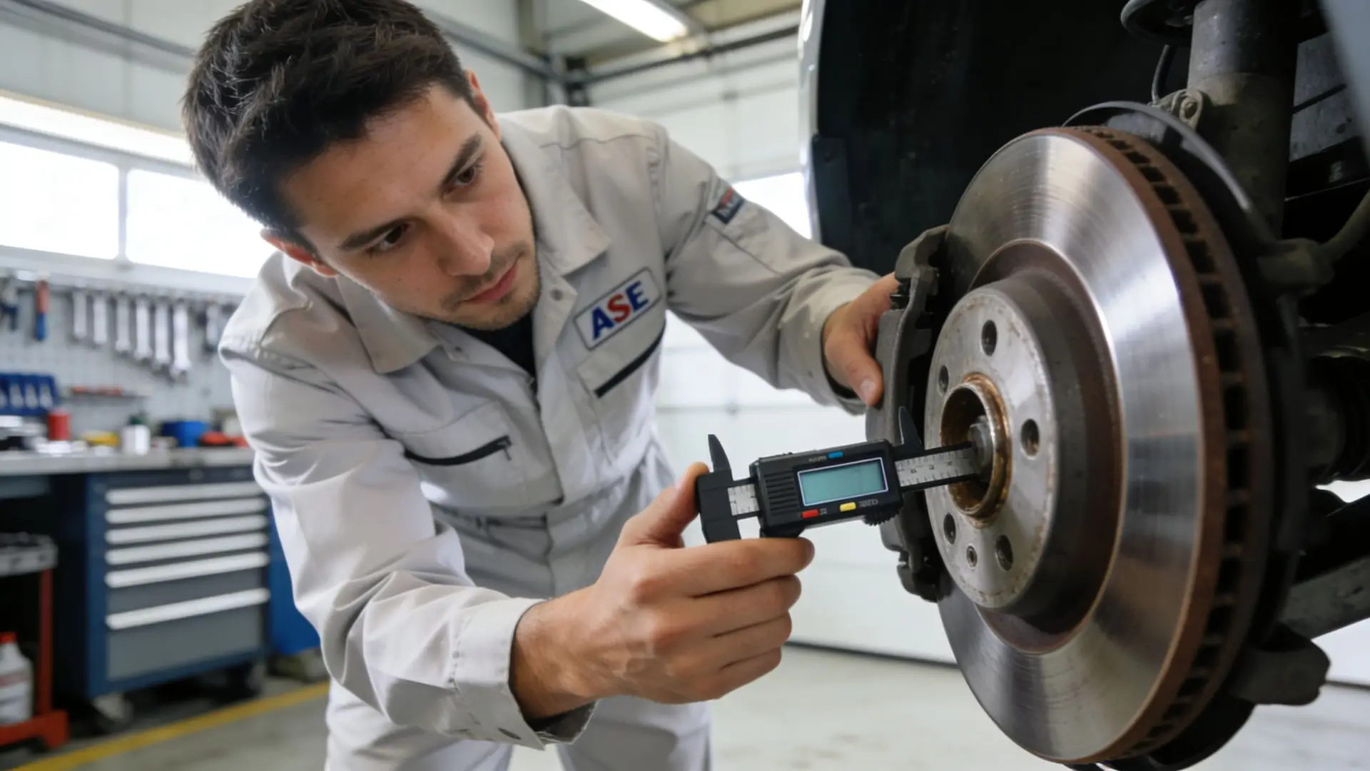 A professional mechanic in a white uniform using a digital caliper to measure a car brake disc.