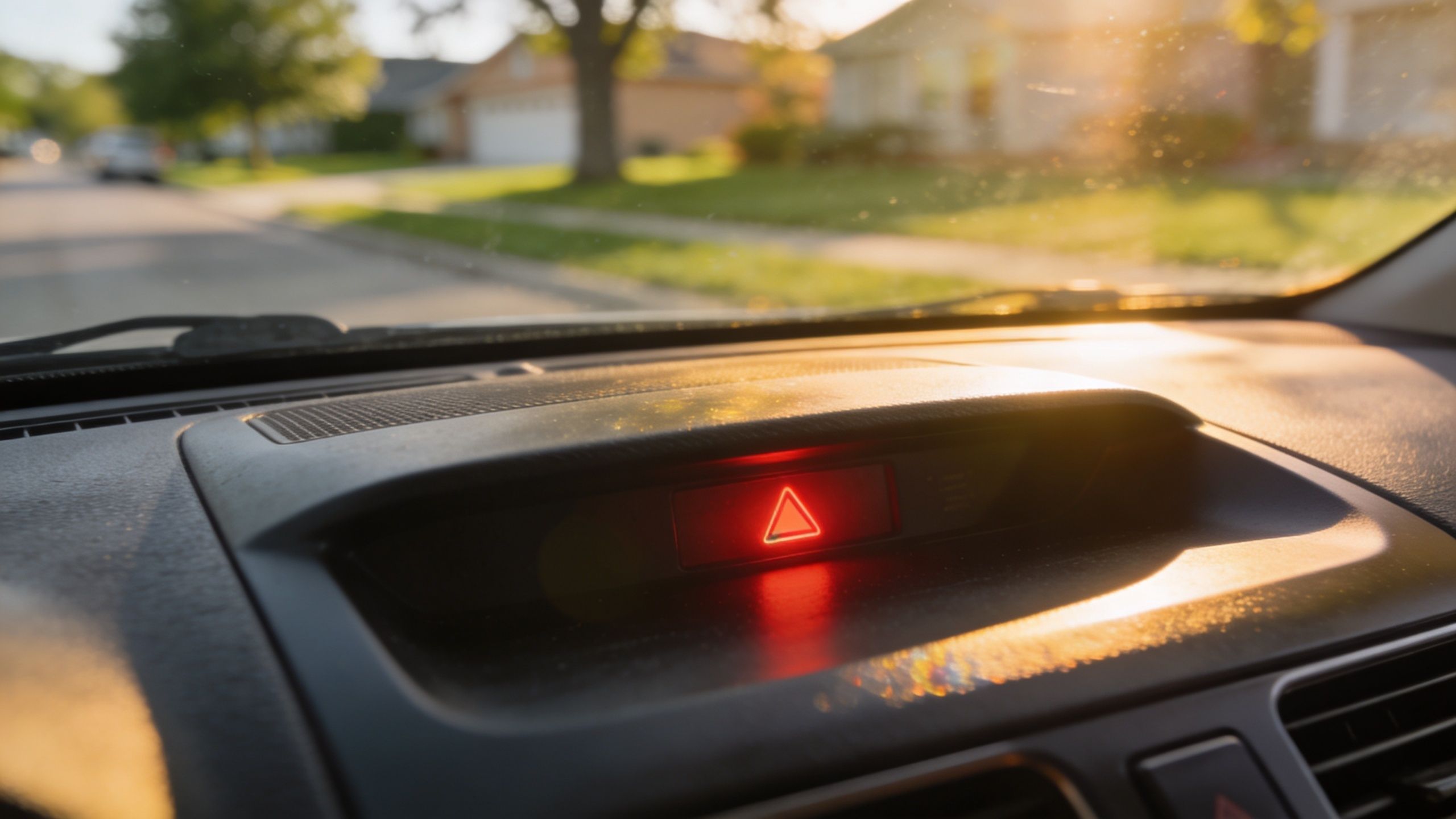 A view from inside a car looking at the dashboard showing an illuminated red hazard warning light triangle.