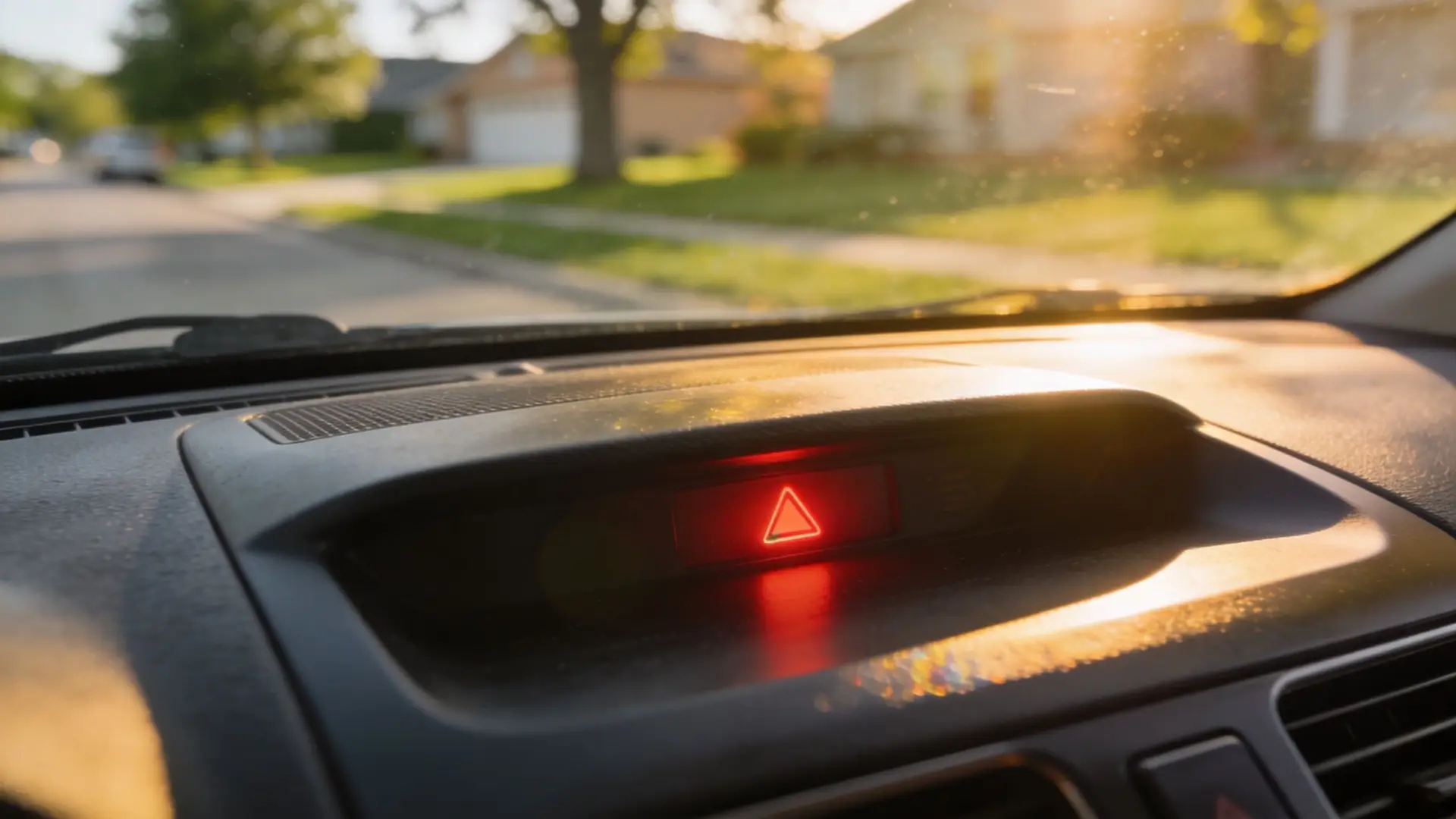 A view from inside a car looking at the dashboard showing an illuminated red hazard warning light triangle.