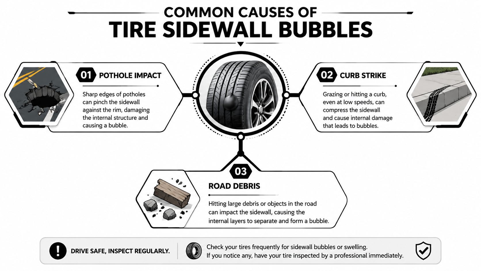 An infographic showing the three common causes of tire sidewall bubbles: potholes, curb strikes, and road debris.