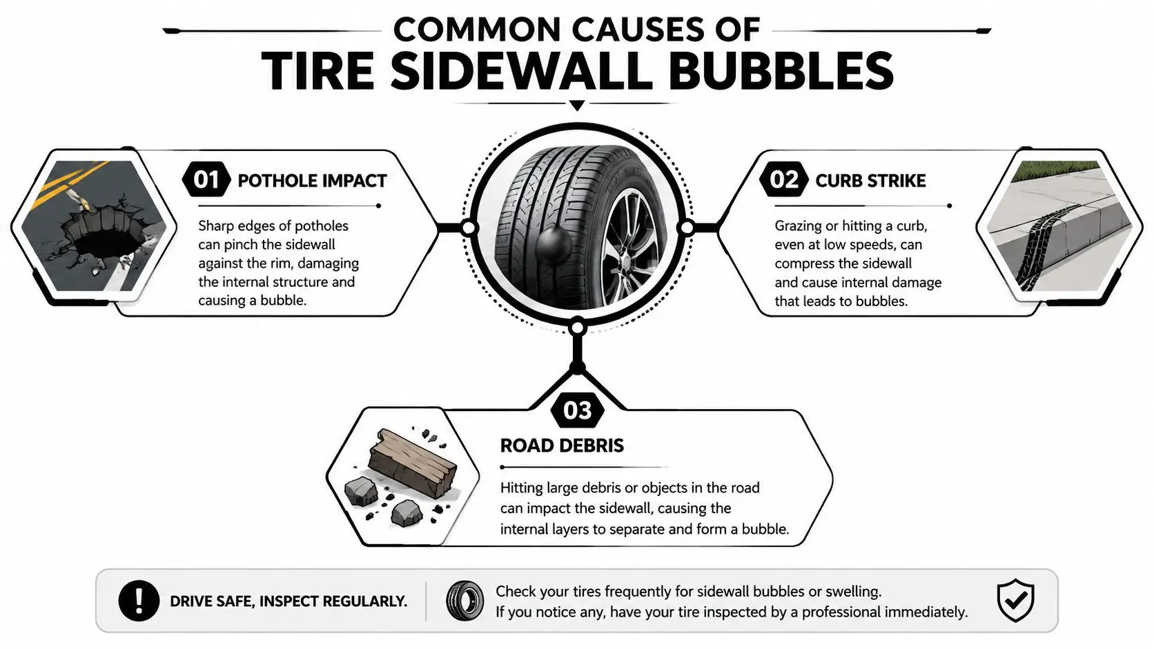 An infographic showing the three common causes of tire sidewall bubbles: potholes, curb strikes, and road debris.