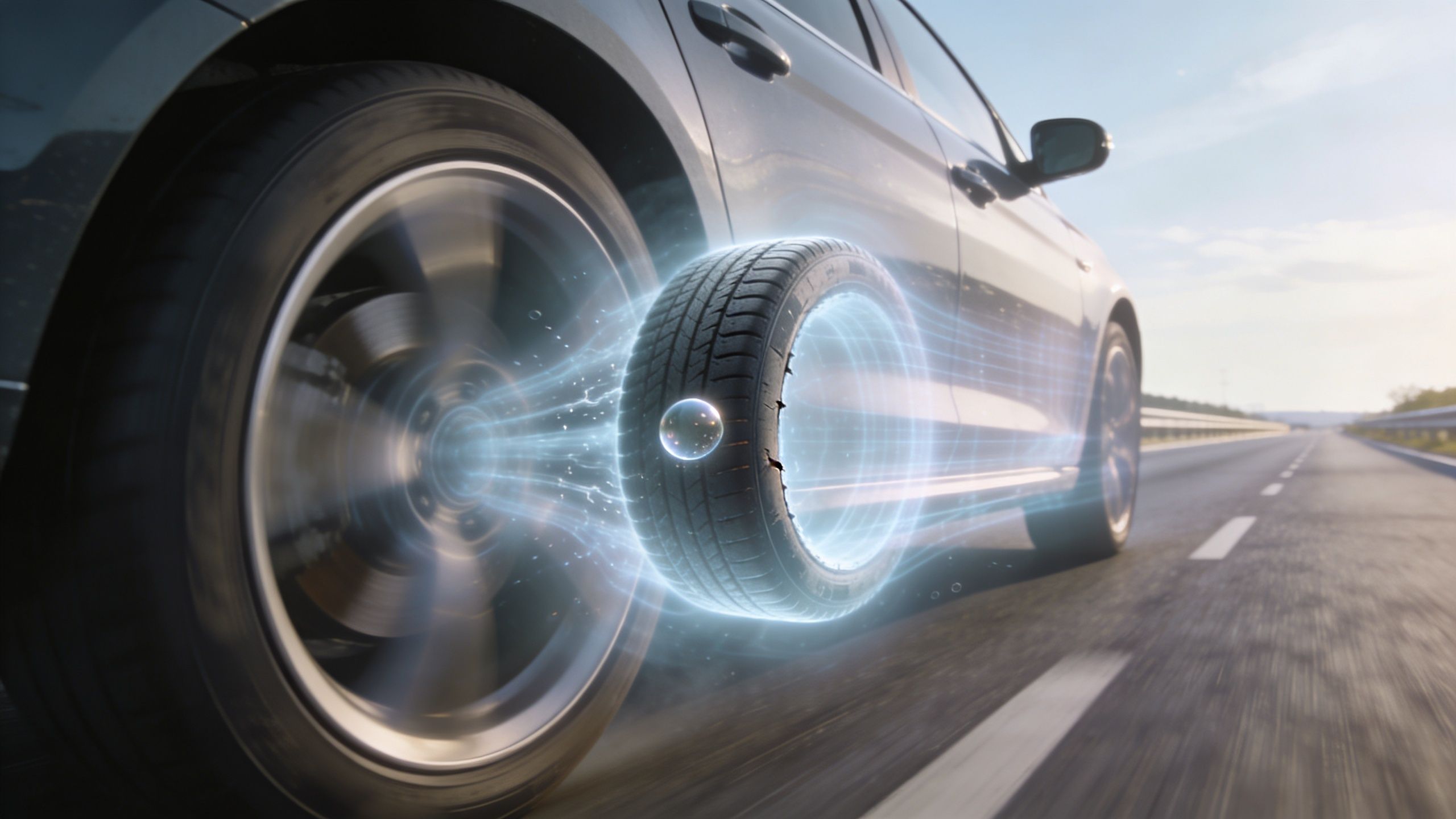 A car driving on a highway with a digital hologram of a bubble on the tire sidewall.