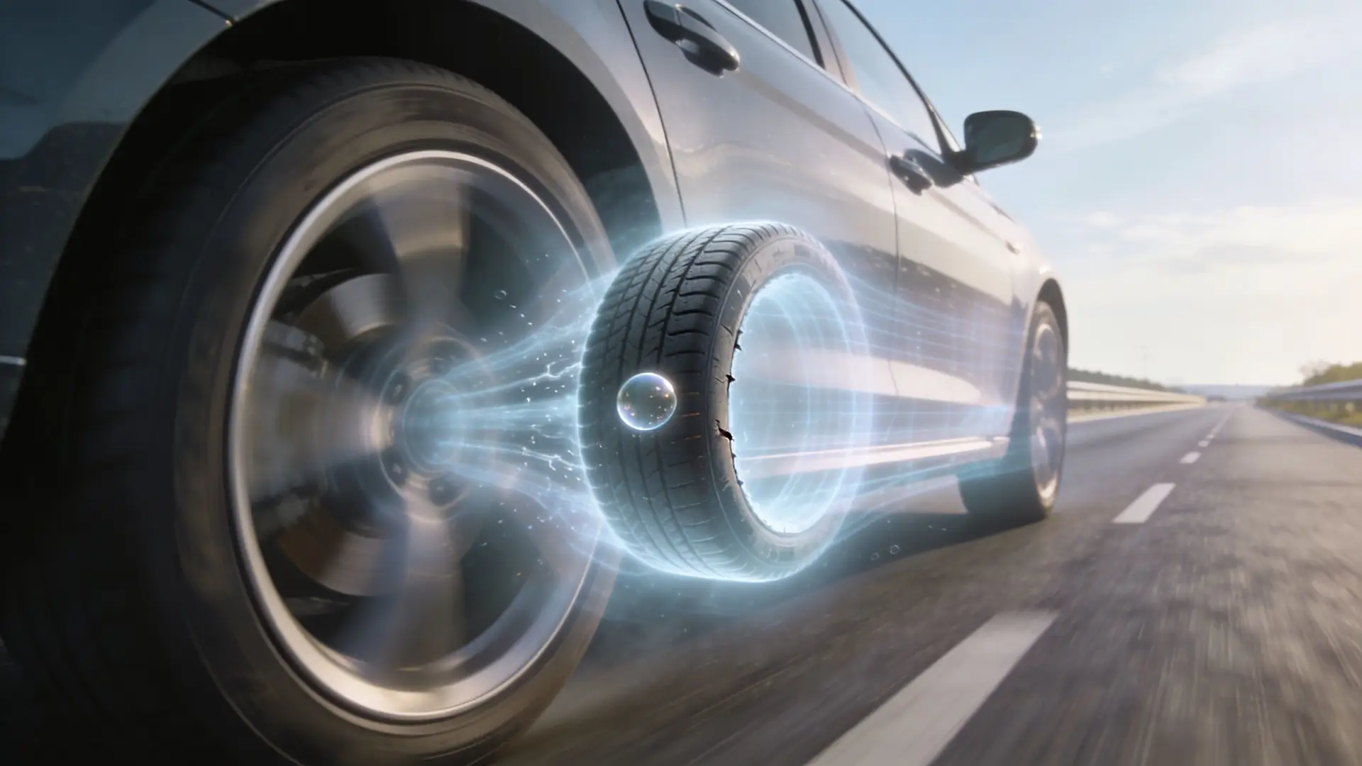 A car driving on a highway with a digital hologram of a bubble on the tire sidewall.