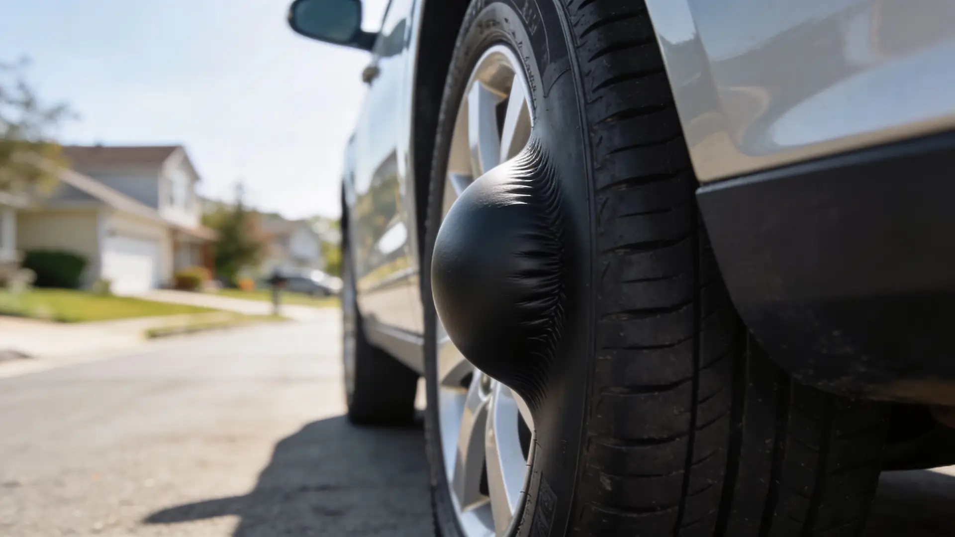 A close-up view of a car tire displaying a large, dangerous bubble on its sidewall
