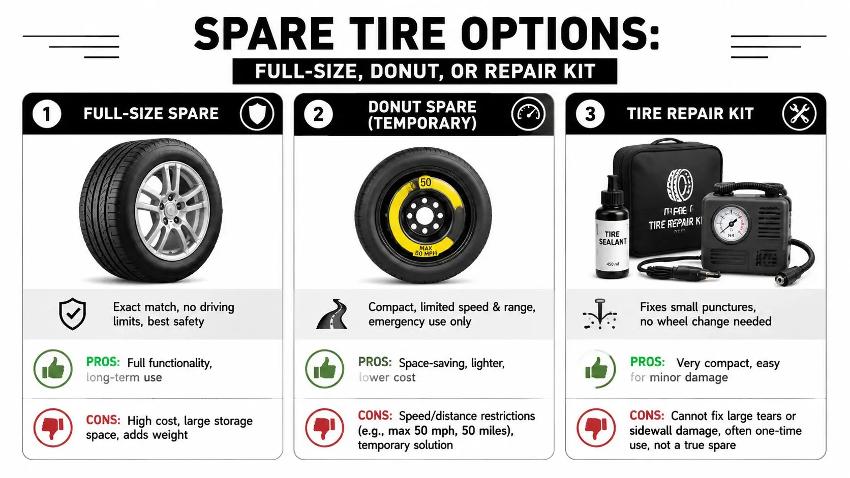 A comparison chart showing the three main types of spare tires: full-size, donut, and repair kit.
