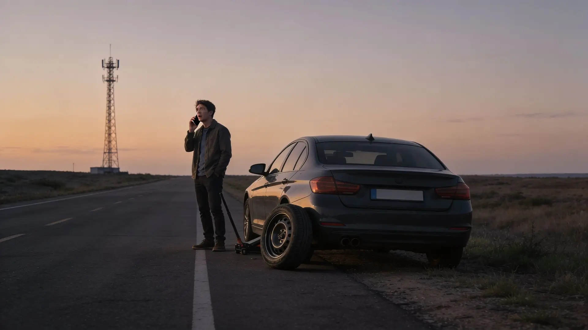 A stranded man on a rural road talks on his phone beside his car with a removed tire.